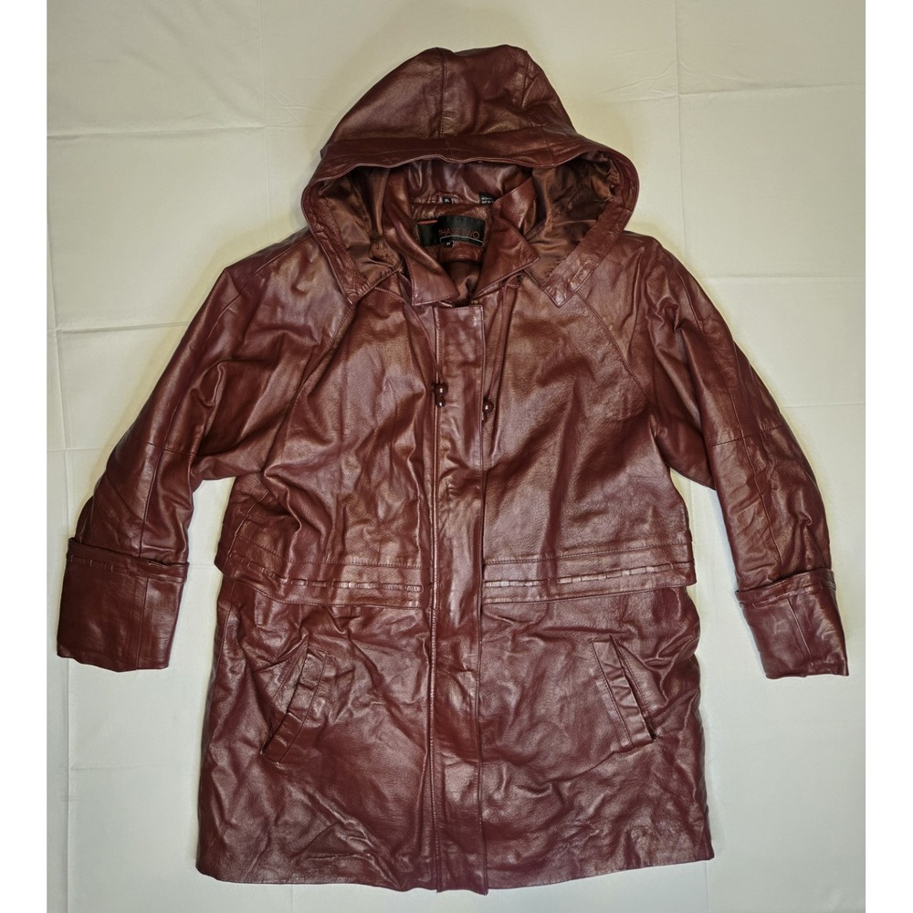 Phase Two Womens Burgundy Red Leather Anorak Jacket XL Hooded Lined VTG Zip Up‎